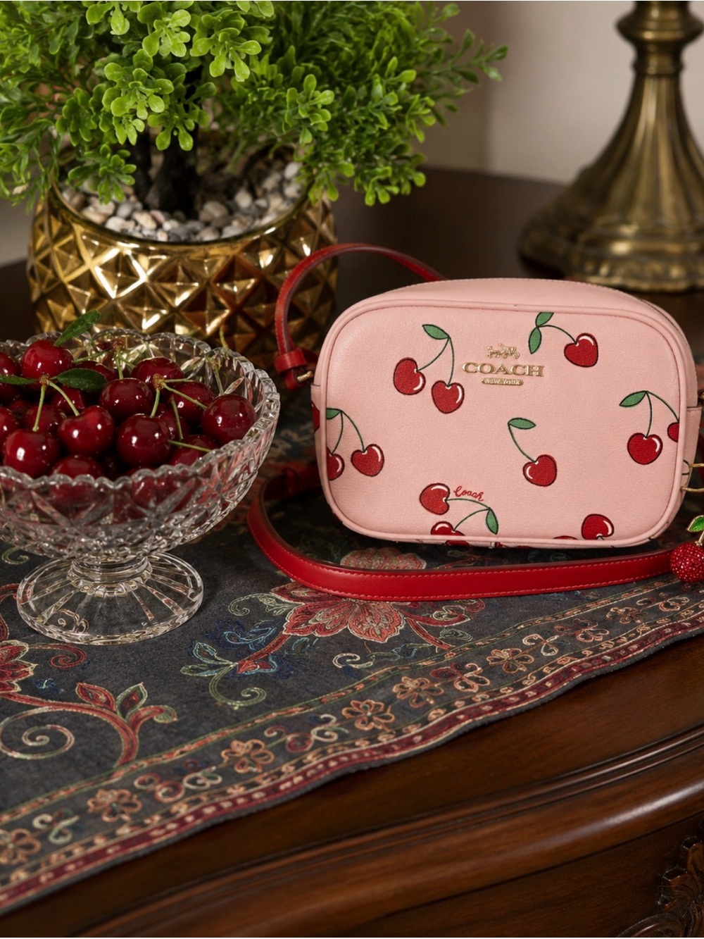 Coach Pink Cherry Print Crossbody with Red Strap